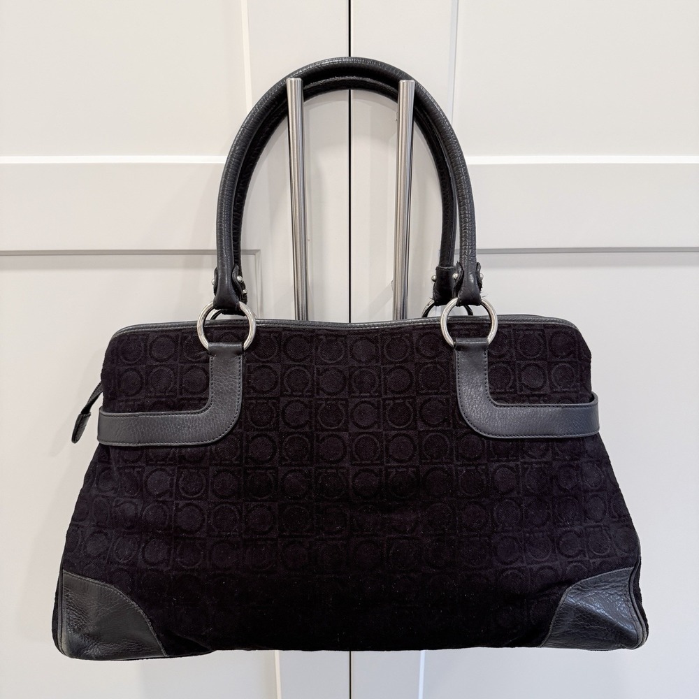 Salvatore Ferragamo Gancini Monogram Black Suede Leather Satchel Bag Vintage - Picture 2 of 14
